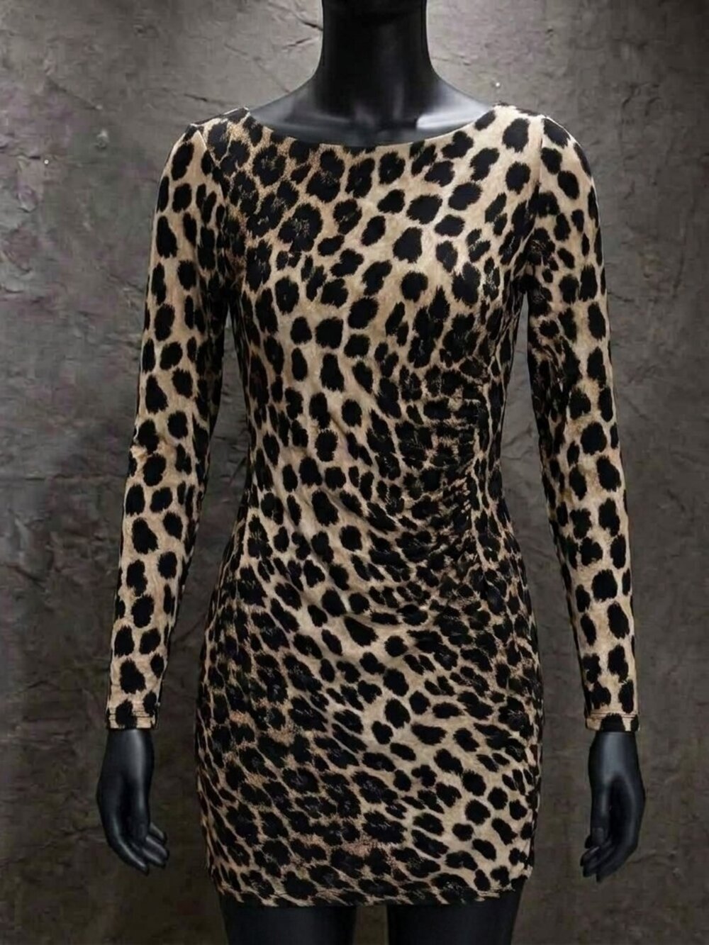 Carmen Marc Valvo Leopard Print Ruched Long Sleeve Bodycon Dress - Size S